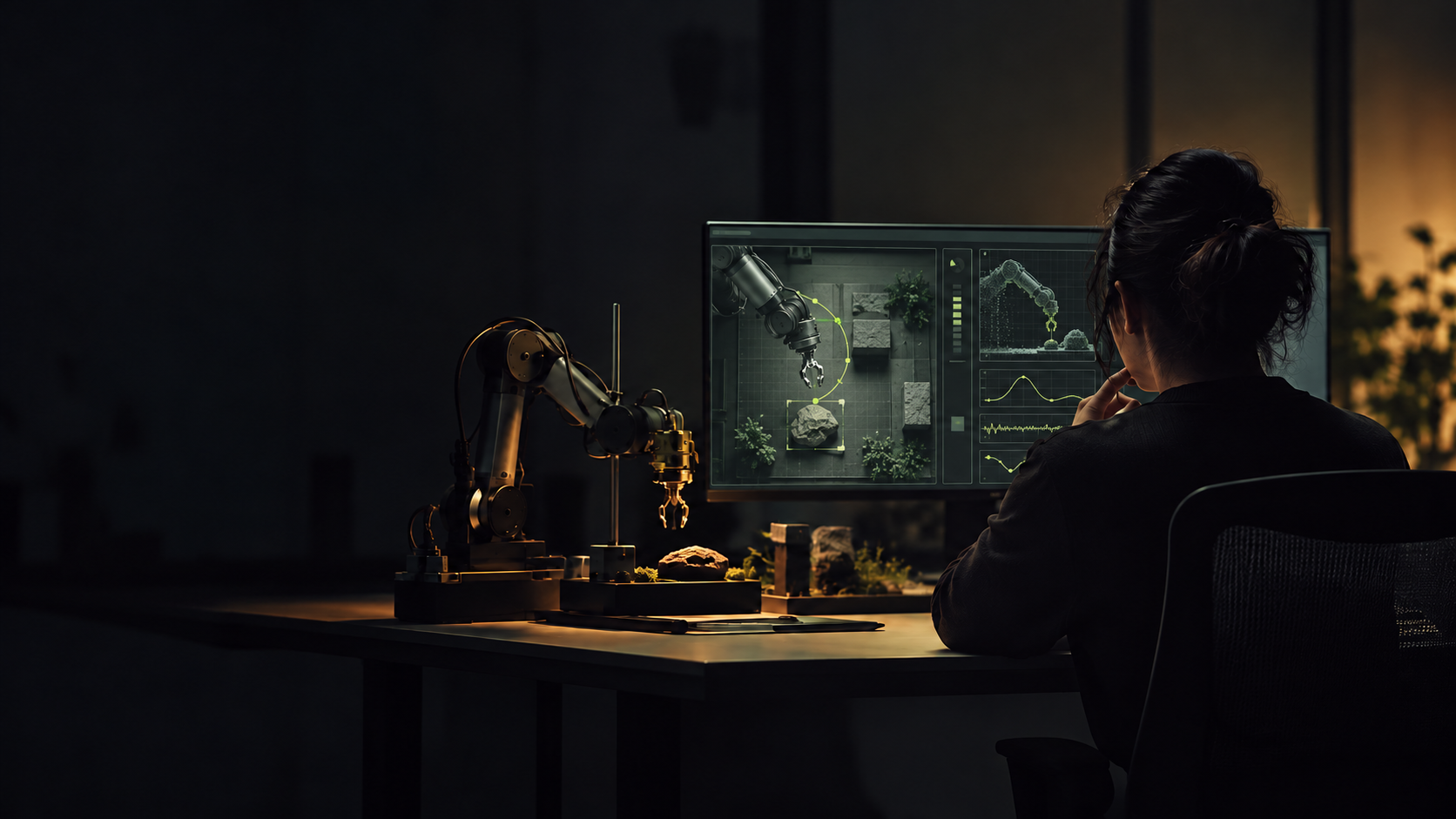 Illustrative editorial scene of a person evaluating a robotic system through its workspace and motion interface